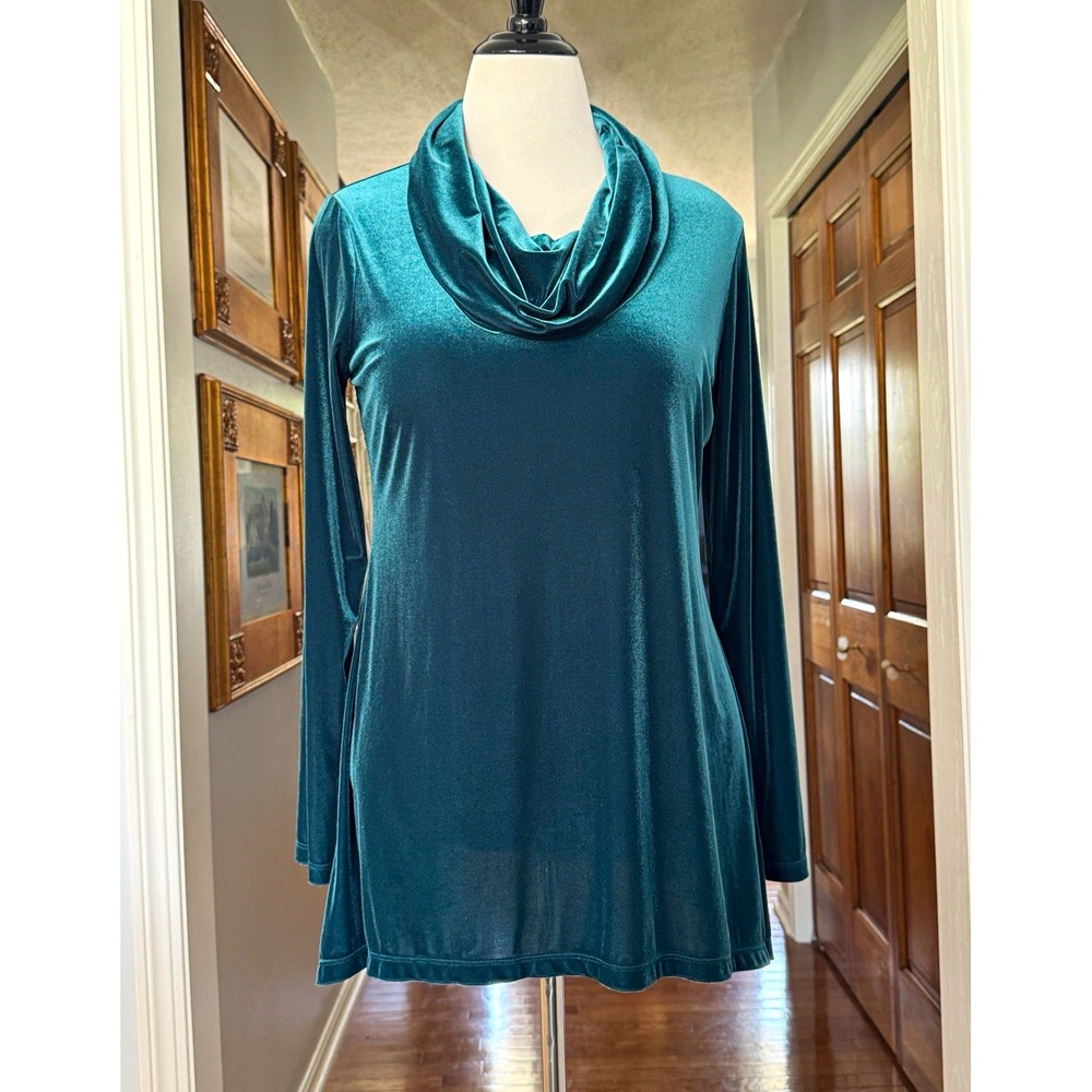 Jones New York Signature Women's Teal Green Velour Cowl Neck Long Sleeve Top L